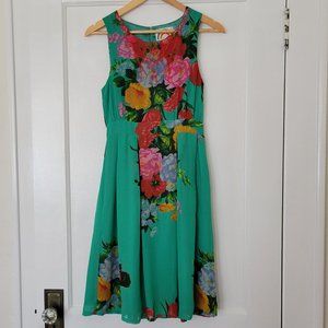 Ruby Belle Sleeveless Floral Embroidered Knee length dress, Turquoise, Size 4